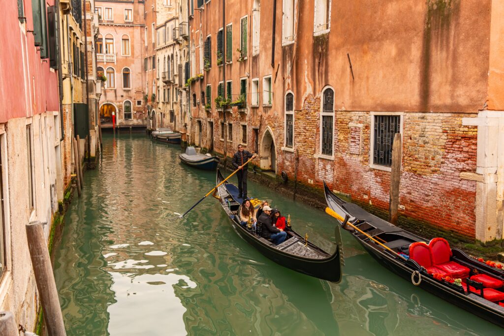 Gondolas on a Venetian canal in Venice, Italy